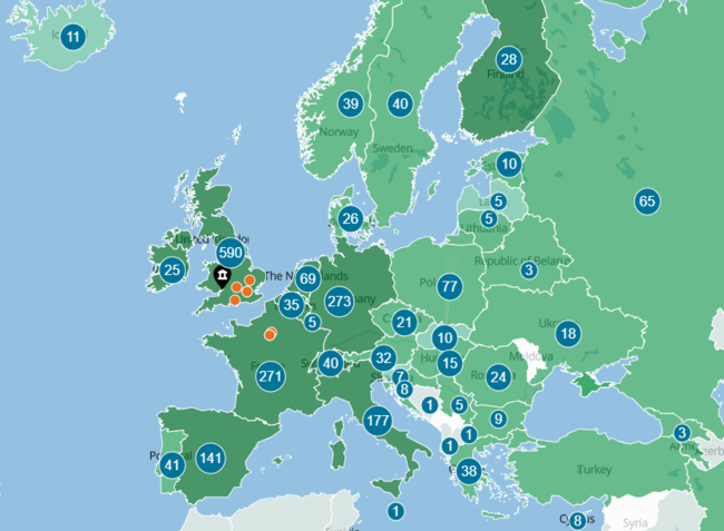 Map showing number of European institutions per country collaborating with the University of Bristol for 2015-18 (SciVal data)